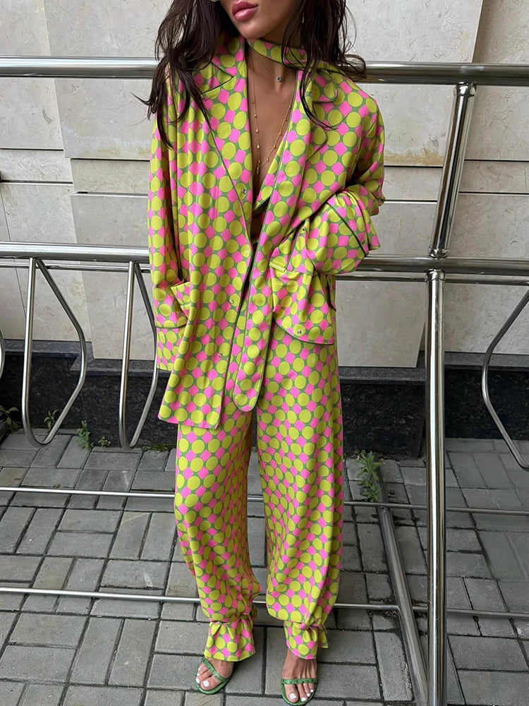 Palm Resort Geometric Print Two Piece Set – Oversized Shirt & Wide Leg Pants