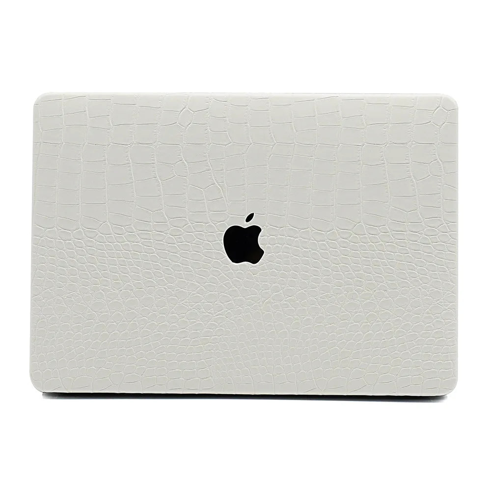 White textured laptop case with Apple logo on a white background