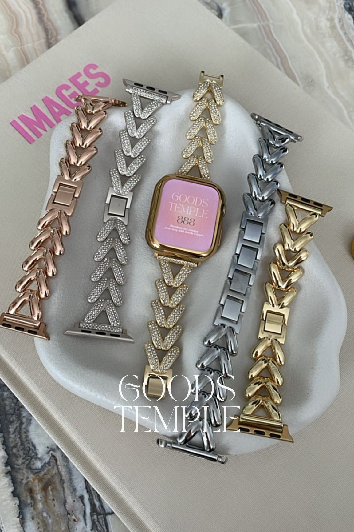 Set of gold and silver watch bands displayed on a white surface with 'IMAGES' and 'GOODS TEMPLE' branding.