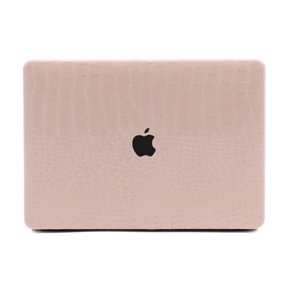 Pink textured laptop case with Apple logo on a white background