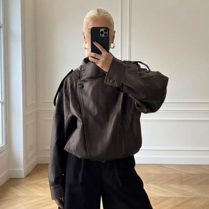 Monaco Oversized Brown Pu Leather Jacket